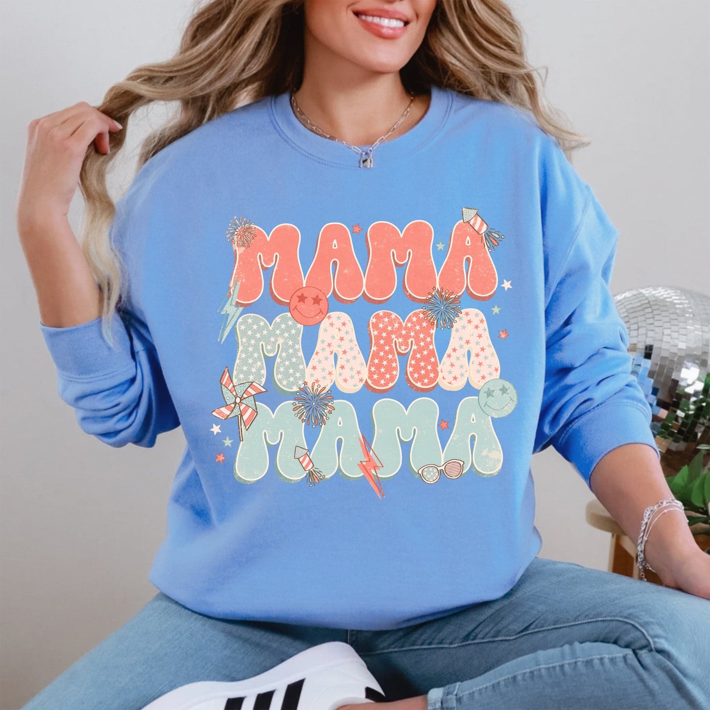 Mama Patriotic 4th of July Fireworks Retro USA America Premium Cozy Fleece Sweatshirt