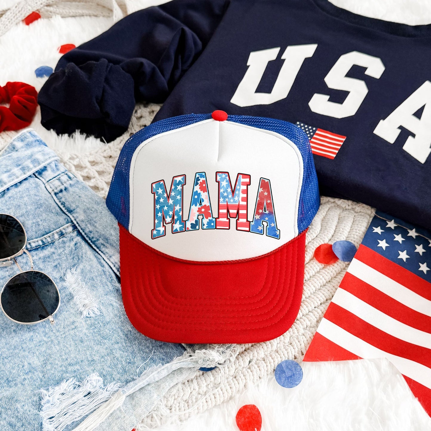 Mama Pattern Patriotic Flag Inspired Bold Lettering Vintage Style Americana Motif Snapback Trucker Hat