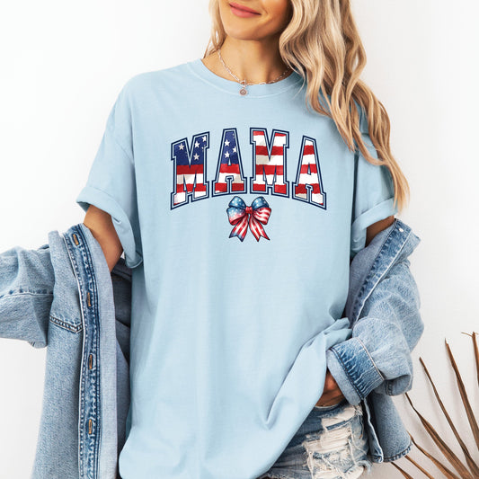 Mama USA Flag Patriotic Varsity Bow Ribbon America 4th Of July Comfort Colors Tee