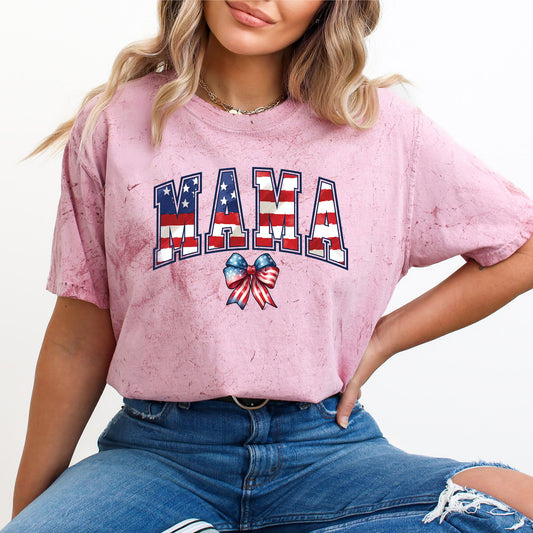 Mama USA Flag Patriotic Varsity Bow Ribbon America Fourth of July Color Blast Comfort Colors Tee
