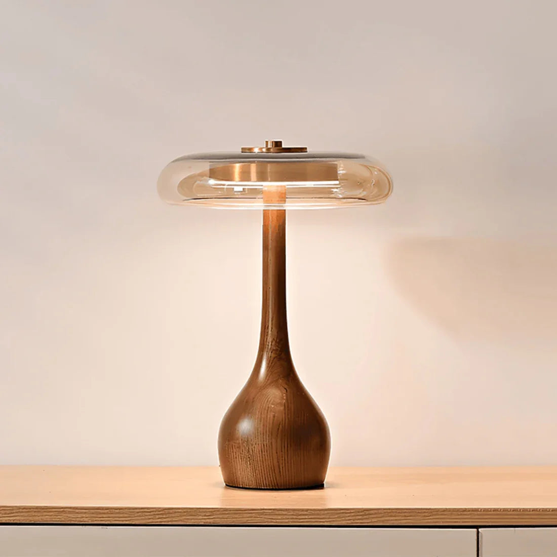 Mid-Century Wood & Glass Disc Table Lamp