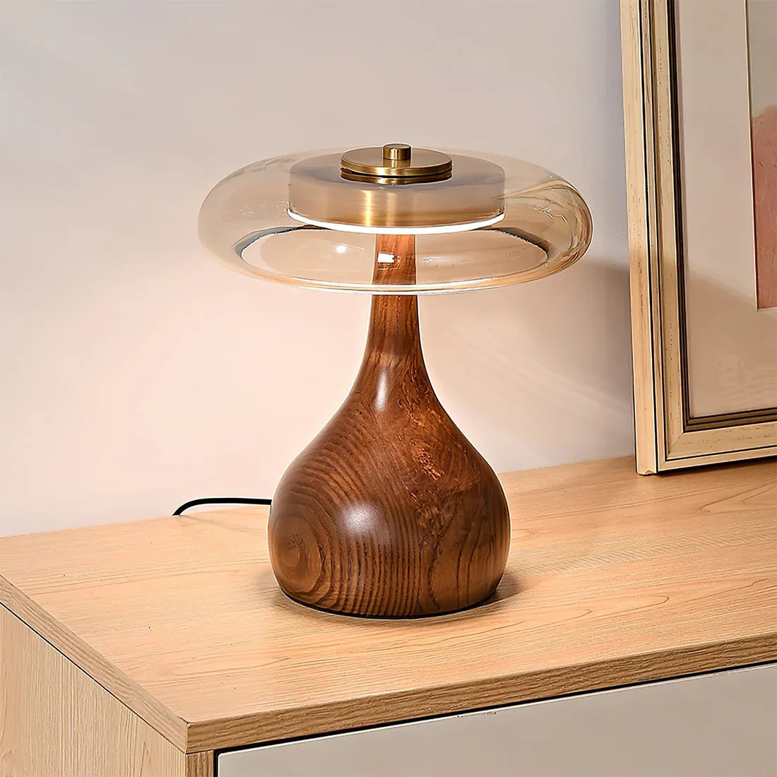 Mid-Century Wood & Glass Disc Table Lamp