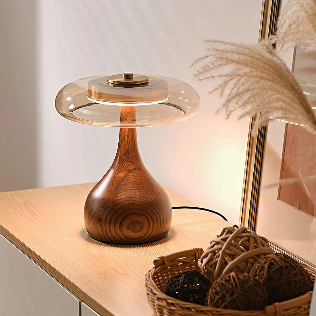 Mid-Century Wood & Glass Disc Table Lamp