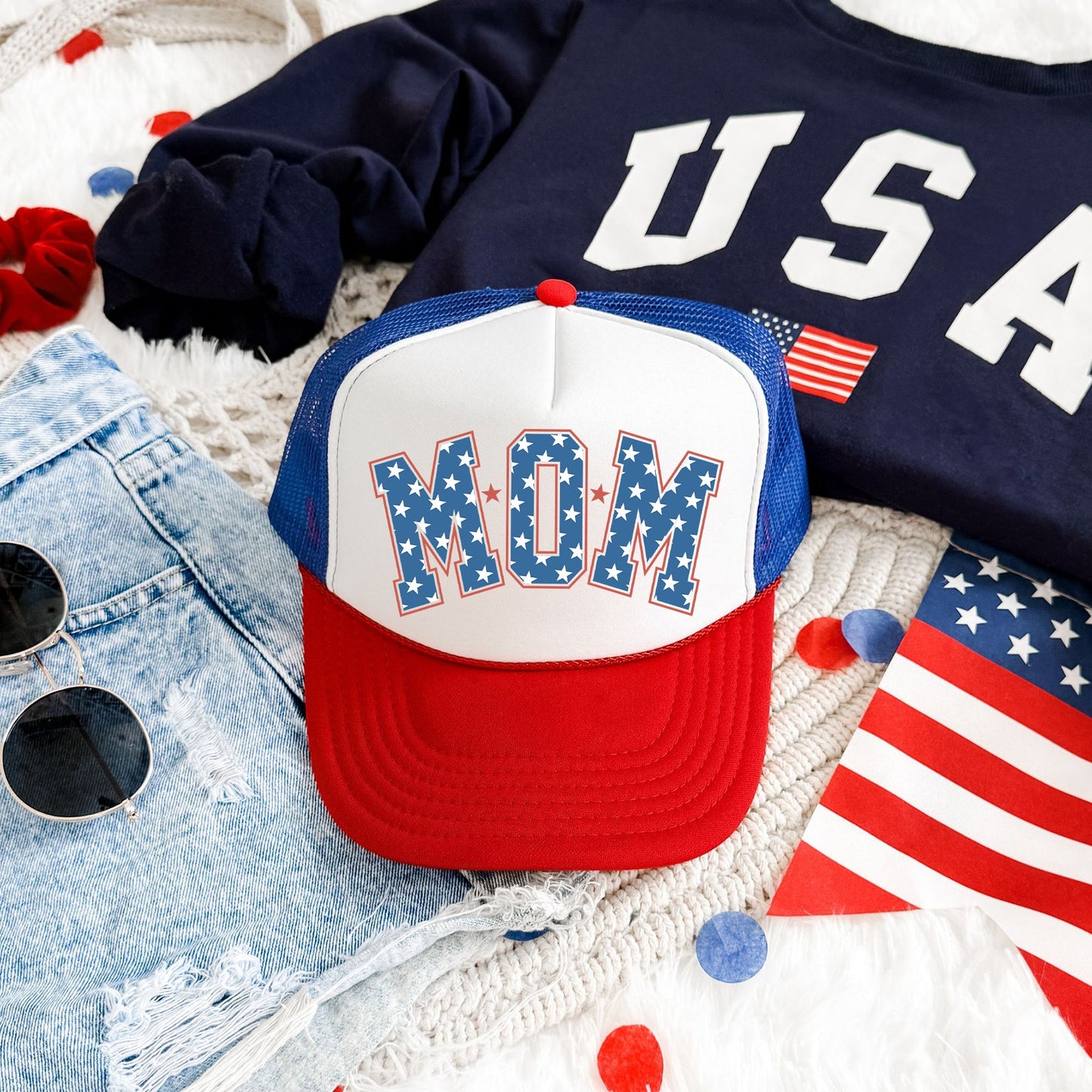 Mom, Stars, Patriotic Snapback Trucker Hat With Embroidered American Flag Patch.