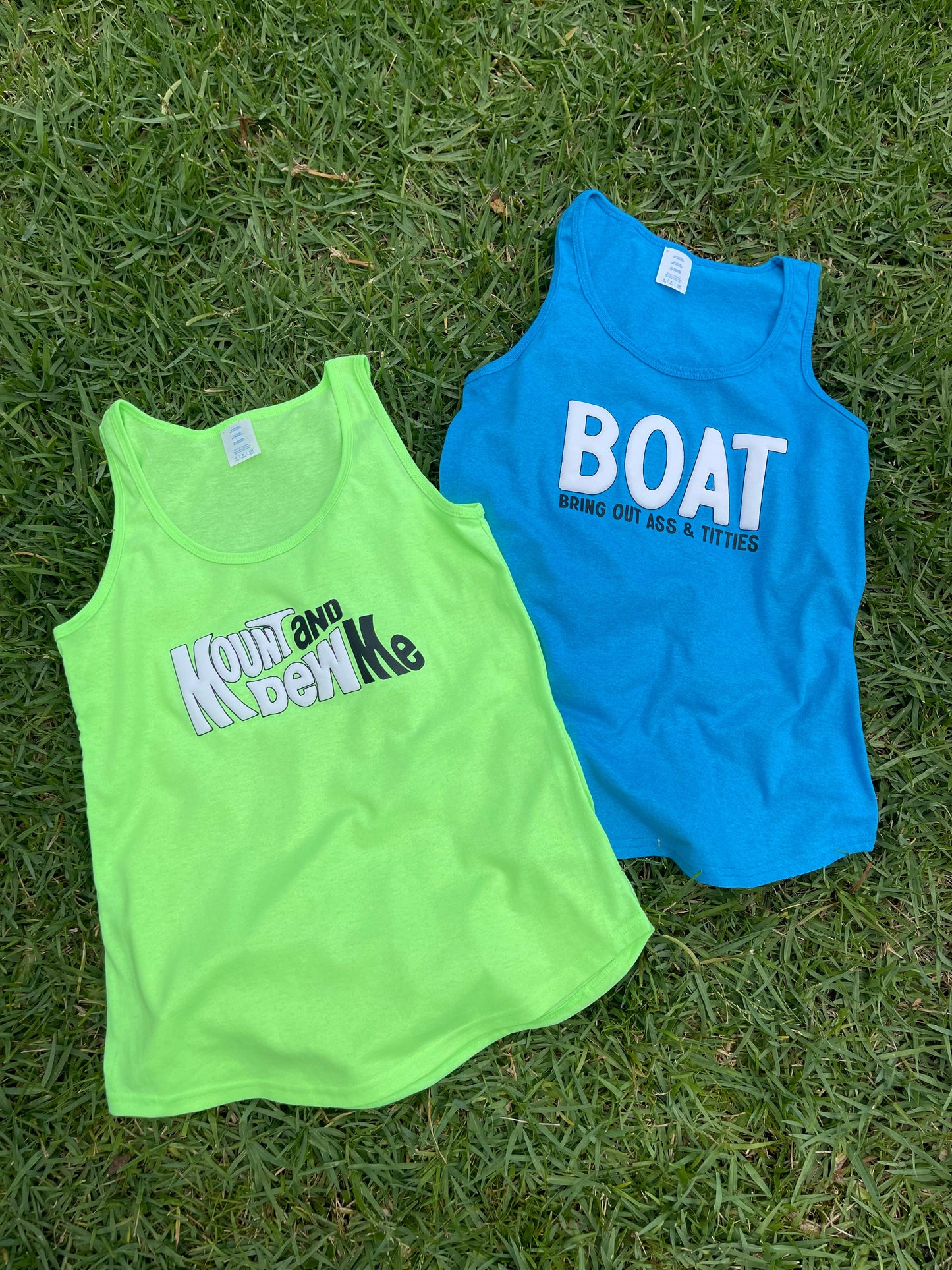 Mount and Dew Me Neon Green Unisex Tank Top by Luckless Outfitters