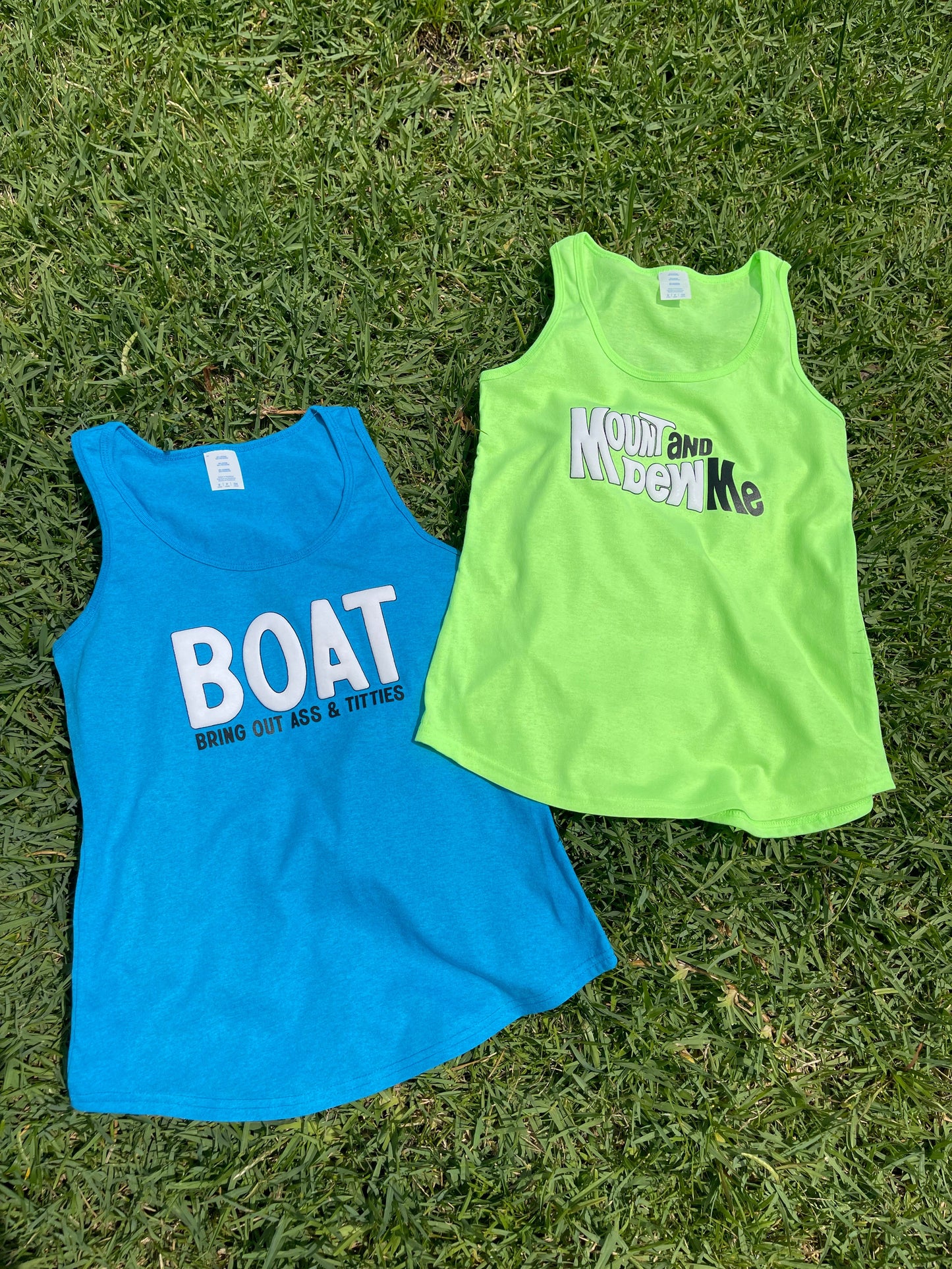 Mount and Dew Me Neon Green Unisex Tank Top by Luckless Outfitters