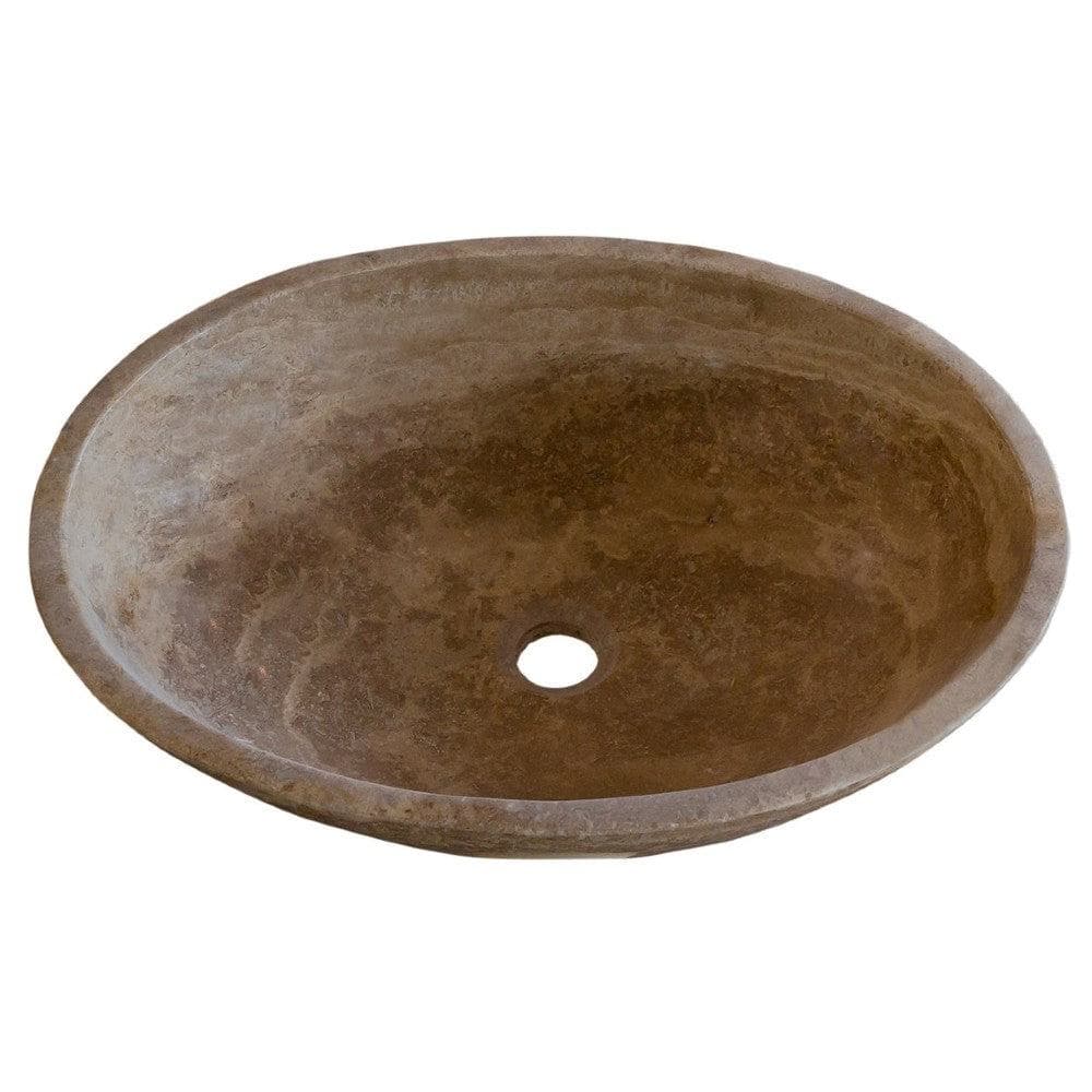 Turkish Travertine Natural Stone Oval Vessel Sink Noce Brown Handcrafted 16x21 Inch