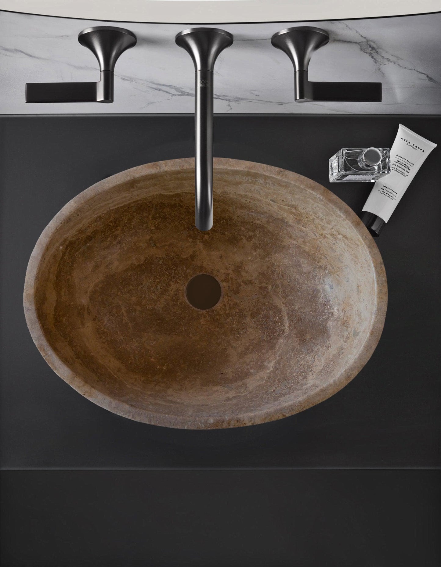Turkish Travertine Natural Stone Oval Vessel Sink Noce Brown Handcrafted 16x21 Inch