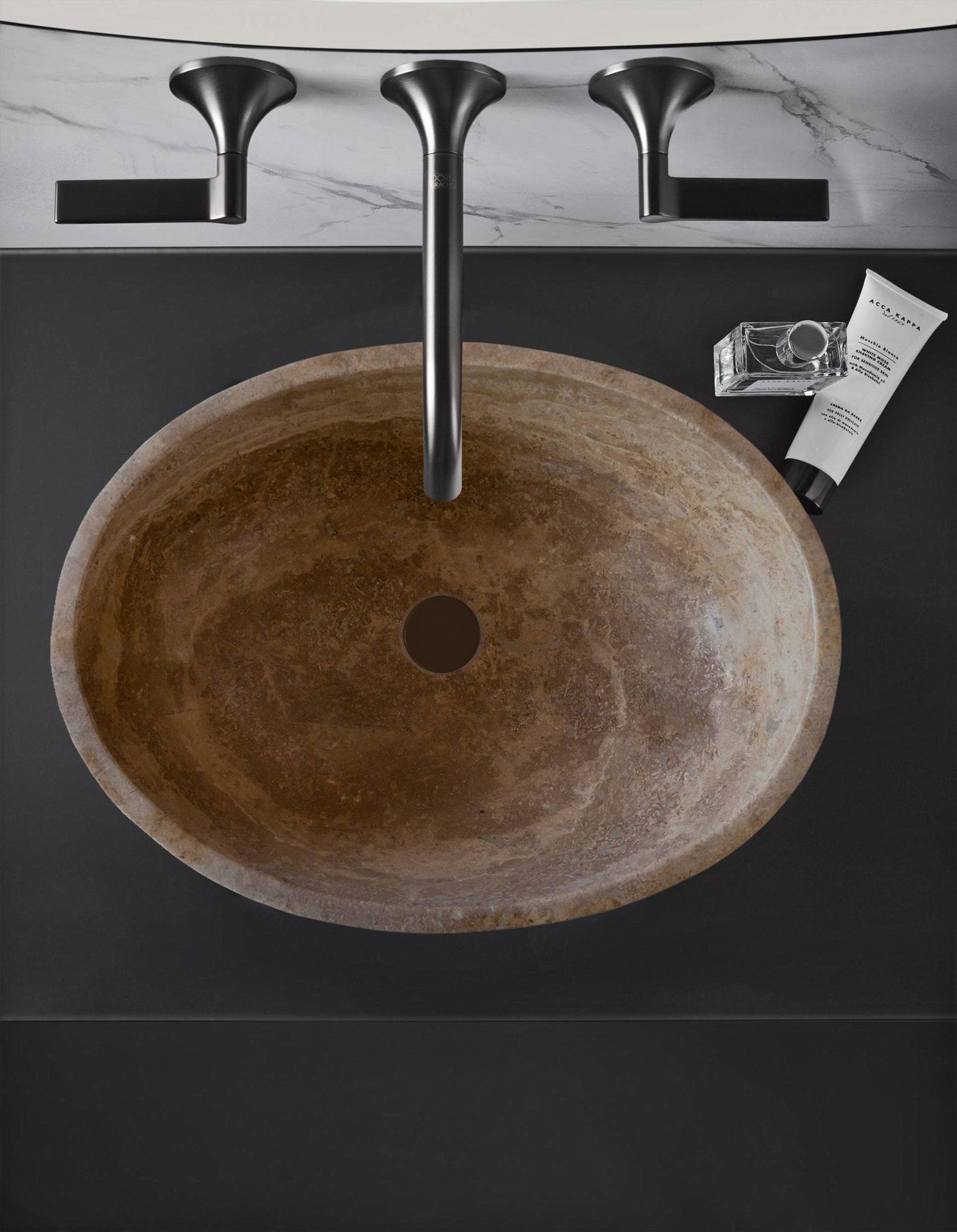 Turkish Travertine Natural Stone Oval Vessel Sink Noce Brown Handcrafted 16x21 Inch