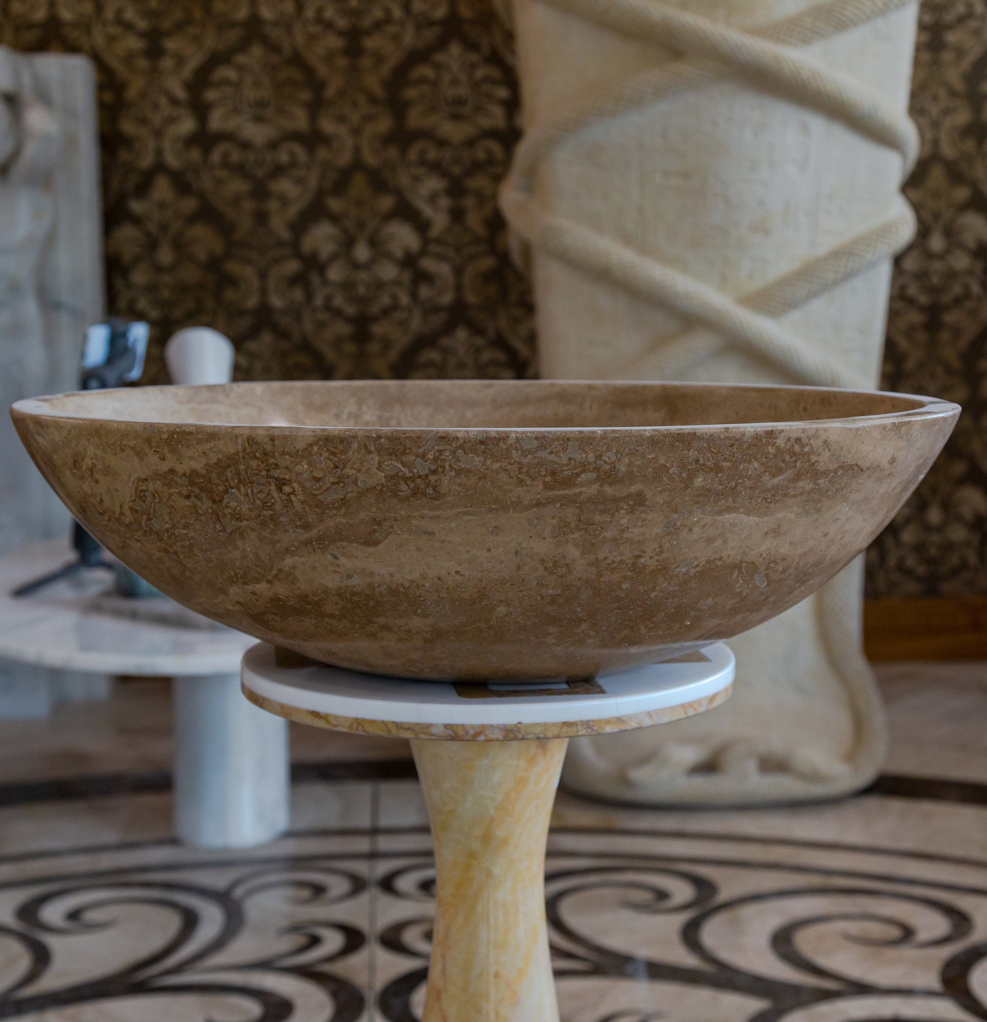 Turkish Travertine Natural Stone Oval Vessel Sink Noce Brown Handcrafted 16x21 Inch