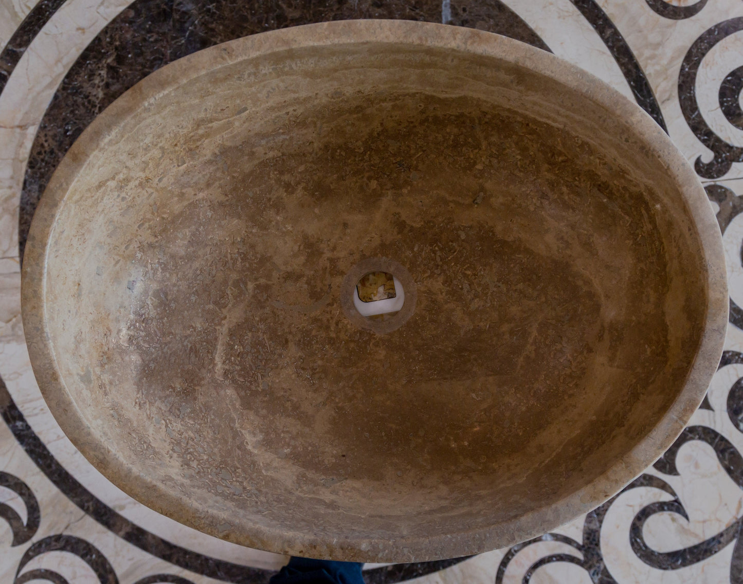 Turkish Travertine Natural Stone Oval Vessel Sink Noce Brown Handcrafted 16x21 Inch
