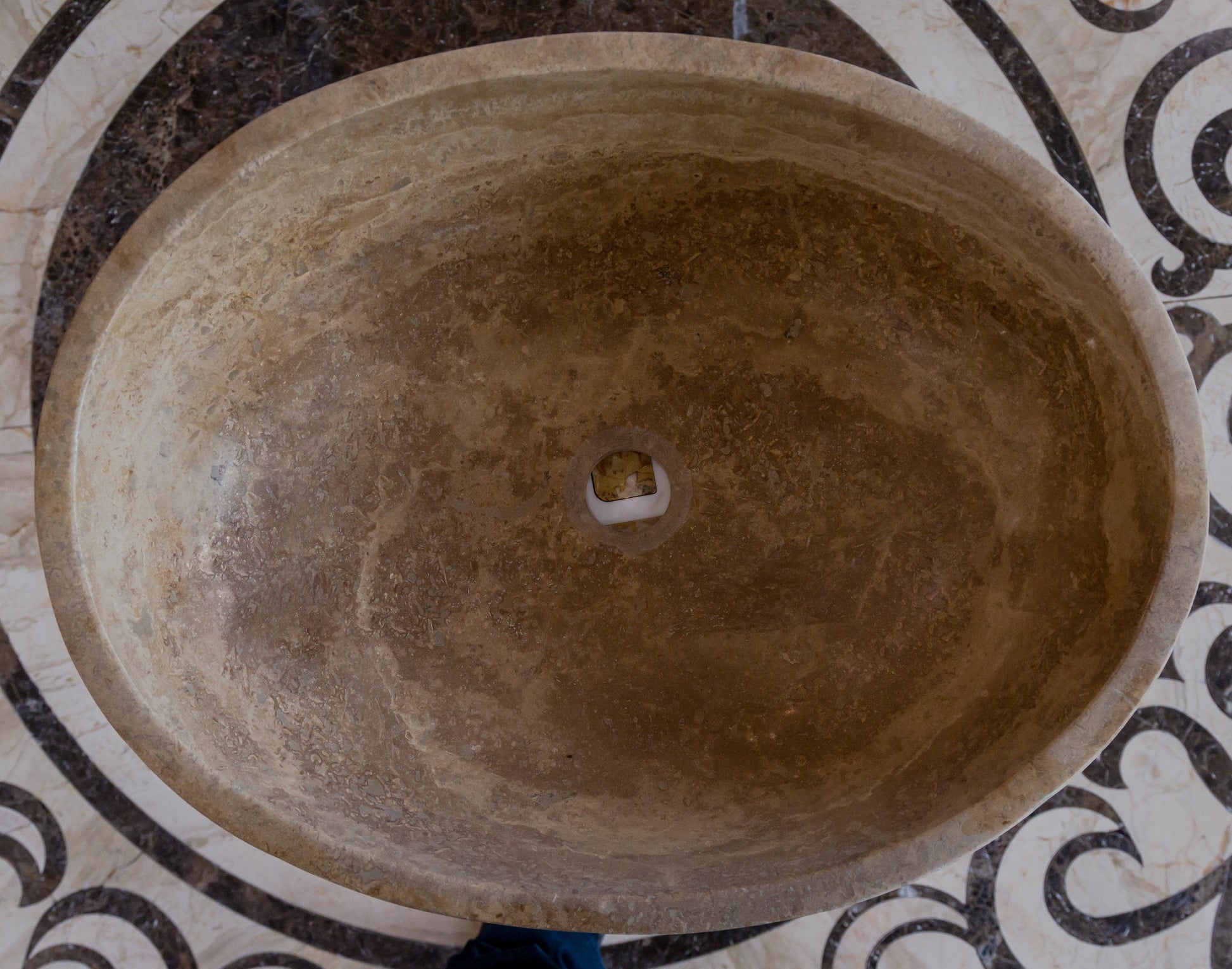 Turkish Travertine Natural Stone Oval Vessel Sink Noce Brown Handcrafted 16x21 Inch