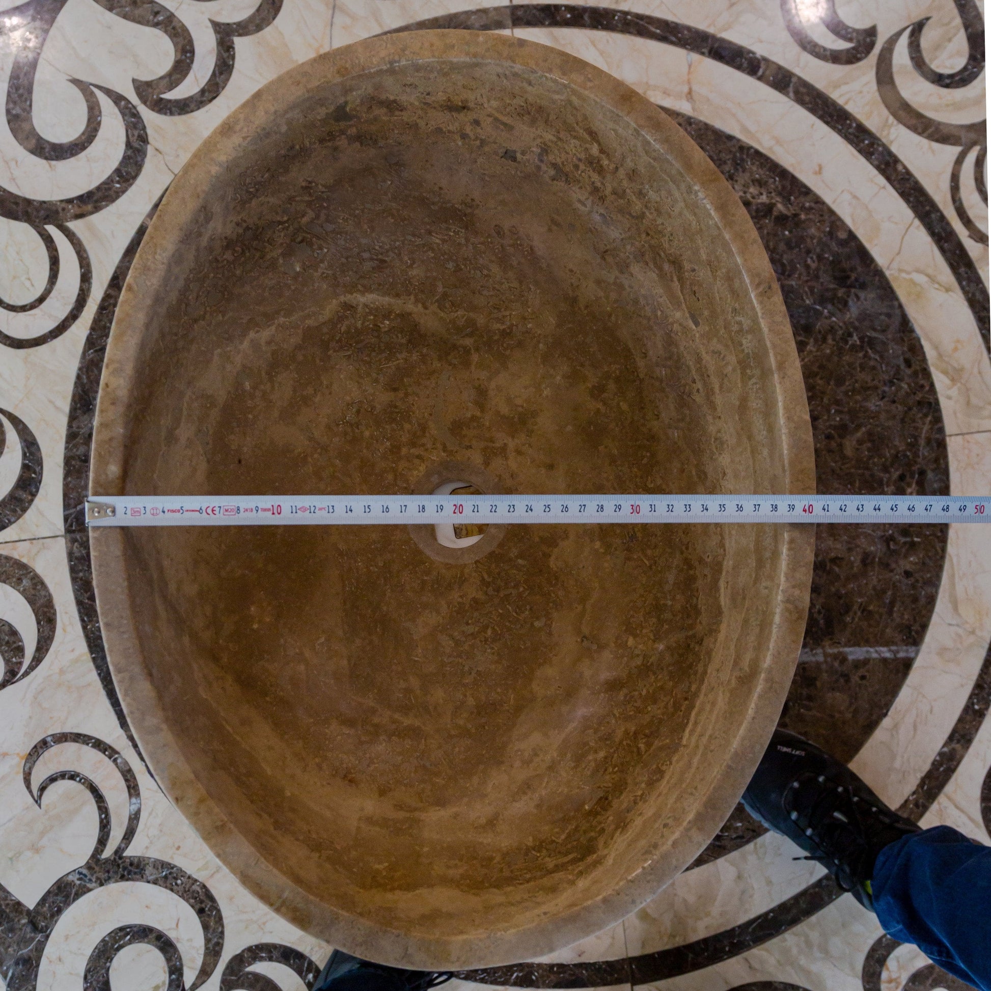 Turkish Travertine Natural Stone Oval Vessel Sink Noce Brown Handcrafted 16x21 Inch