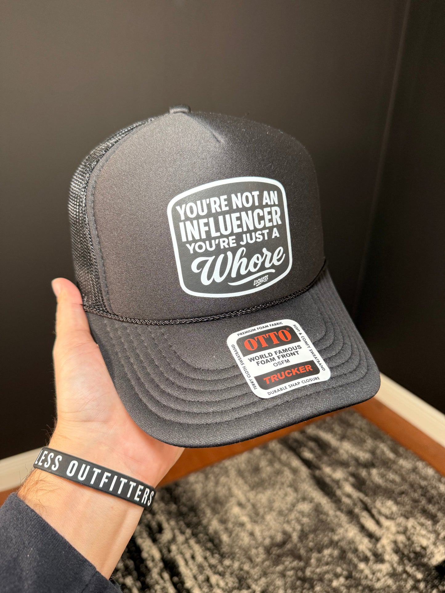 You're Not An Influencer You're Just A Whore Black & Pink Foam Trucker Hat by Luckless Outfitters