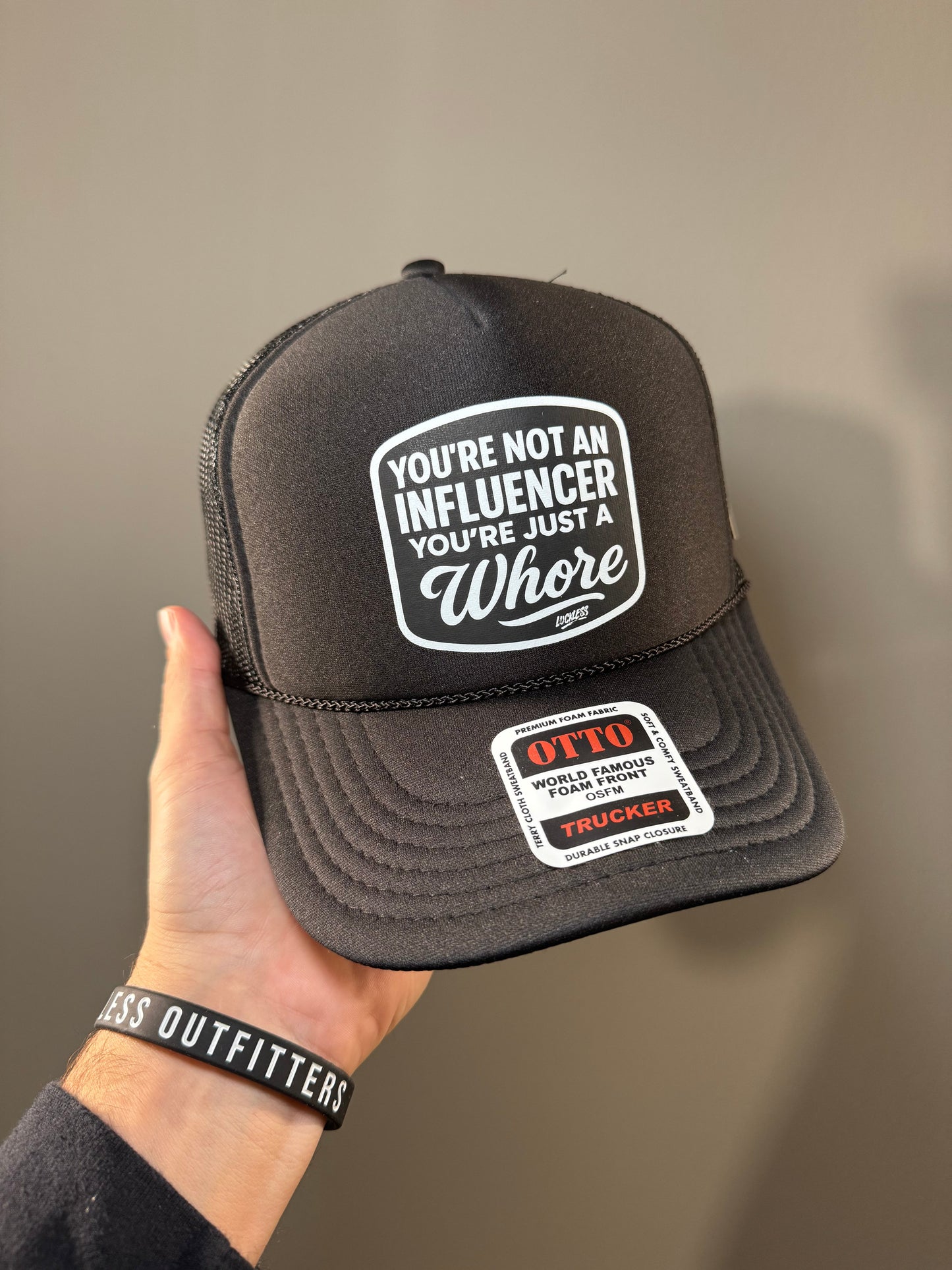 You're Not An Influencer You're Just A Whore Black & Pink Foam Trucker Hat by Luckless Outfitters