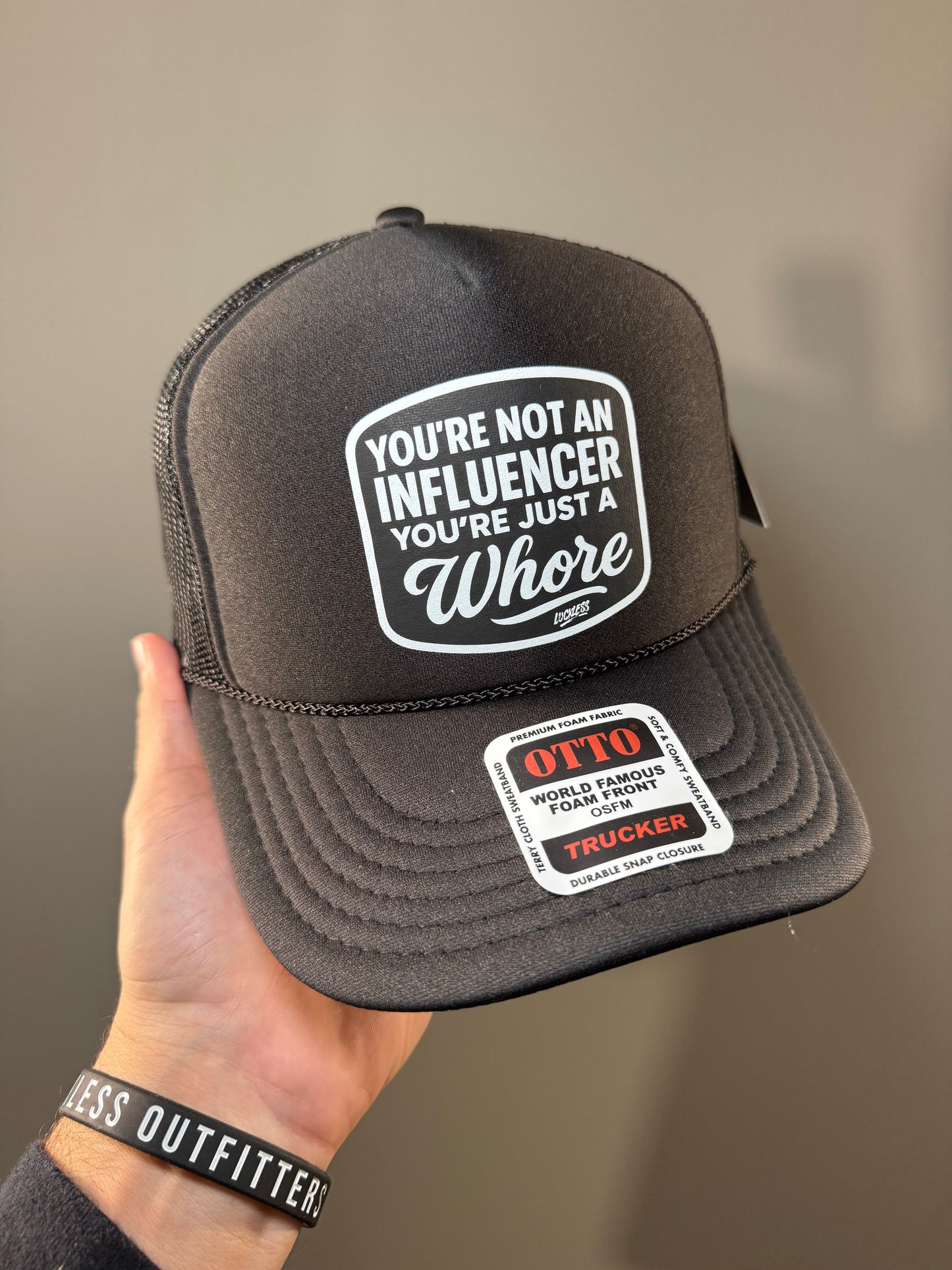 You're Not An Influencer You're Just A Whore Black & Pink Foam Trucker Hat by Luckless Outfitters