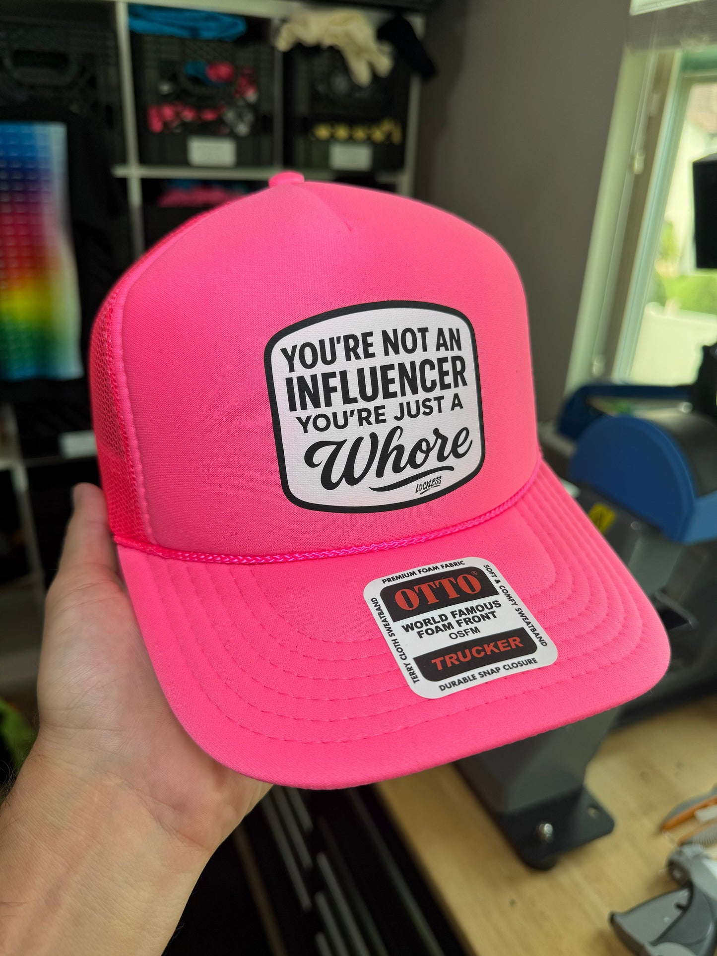 You're Not An Influencer You're Just A Whore Black & Pink Foam Trucker Hat by Luckless Outfitters
