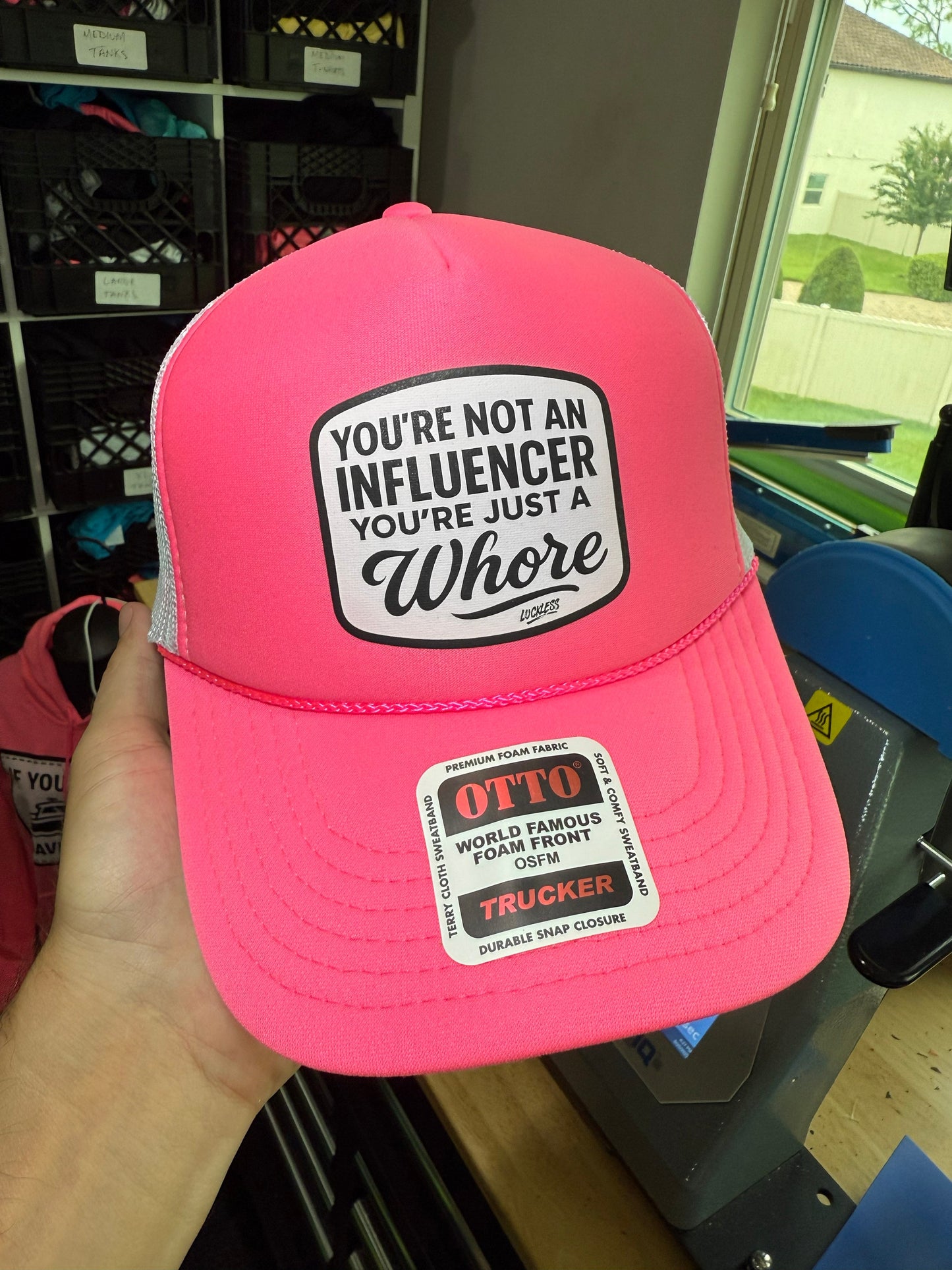 You're Not An Influencer You're Just A Whore Black & Pink Foam Trucker Hat by Luckless Outfitters