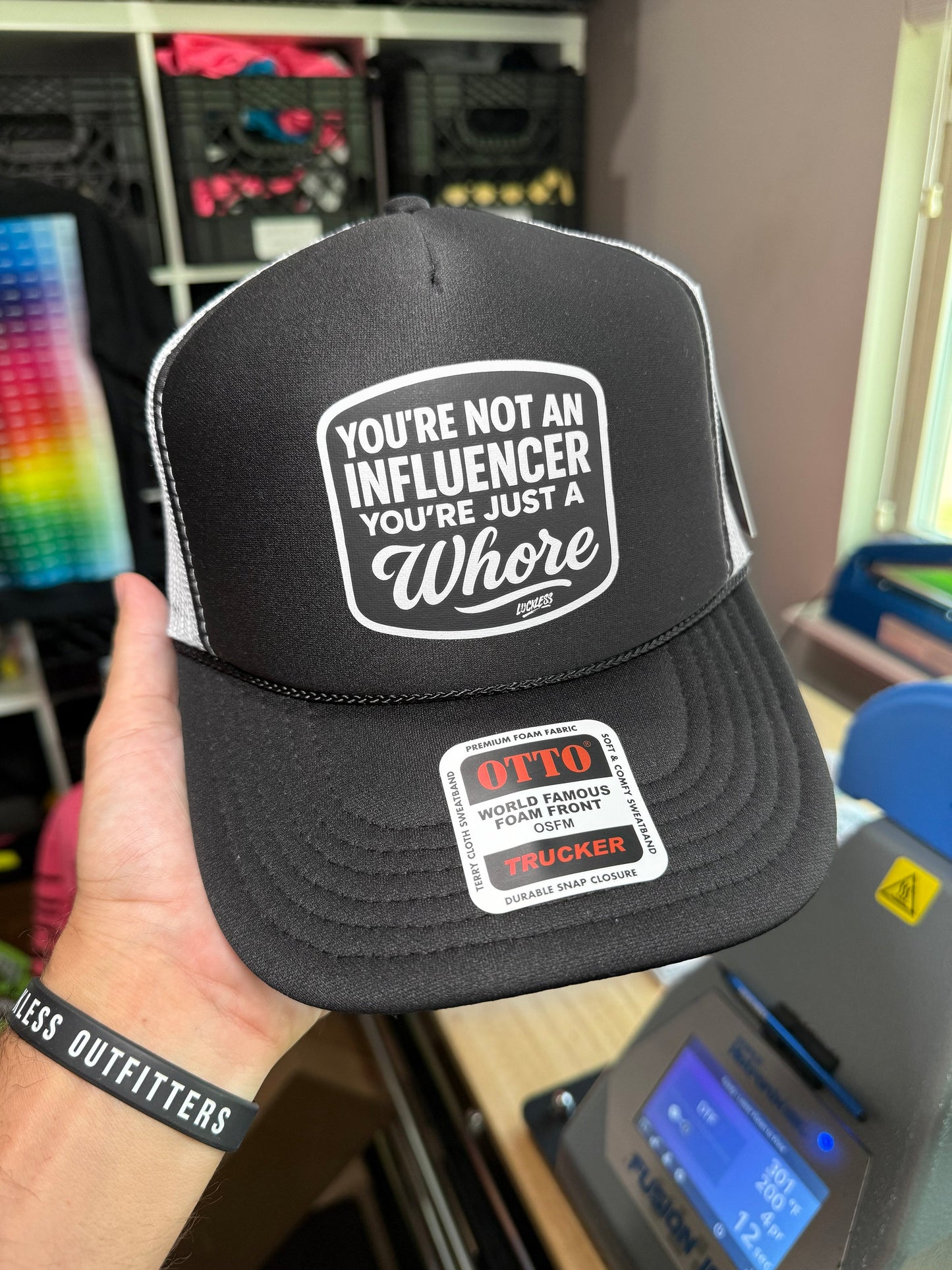 You're Not An Influencer You're Just A Whore Black & Pink Foam Trucker Hat by Luckless Outfitters
