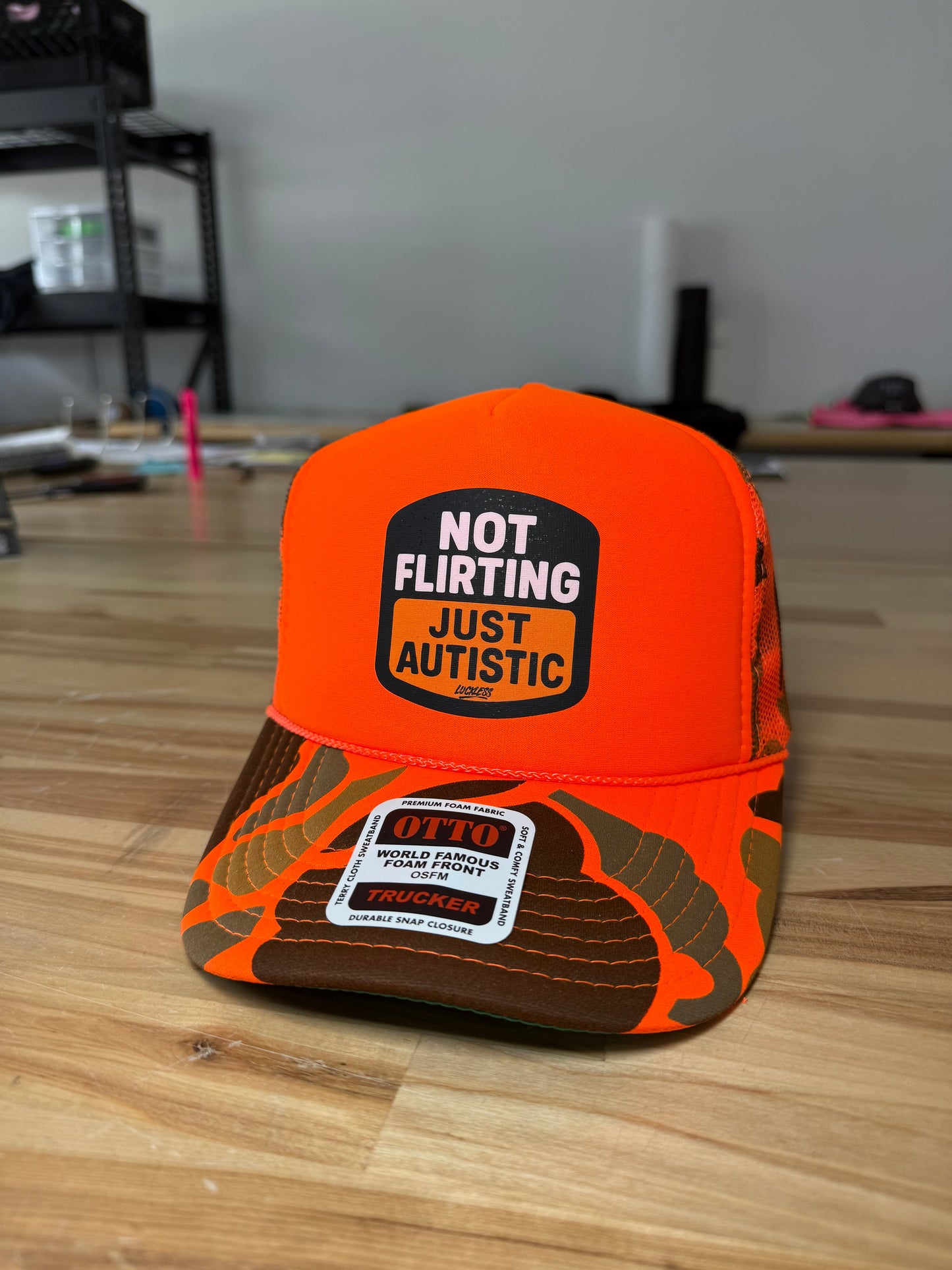 Not Flirting Just Autistic Adjustable Foam Trucker Hat by Luckless Outfitters