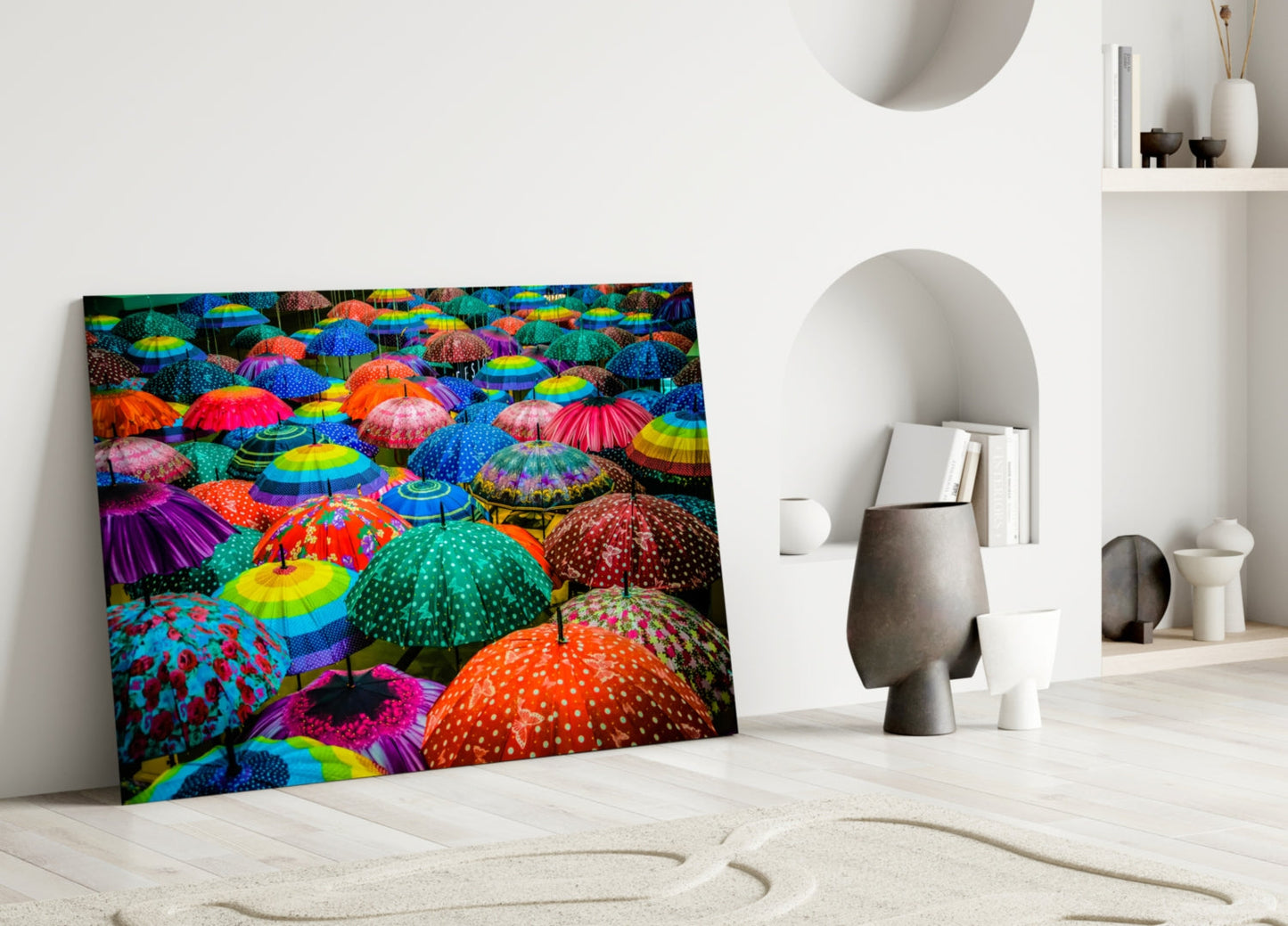 Colorful Umbrellas Glass Wall Art