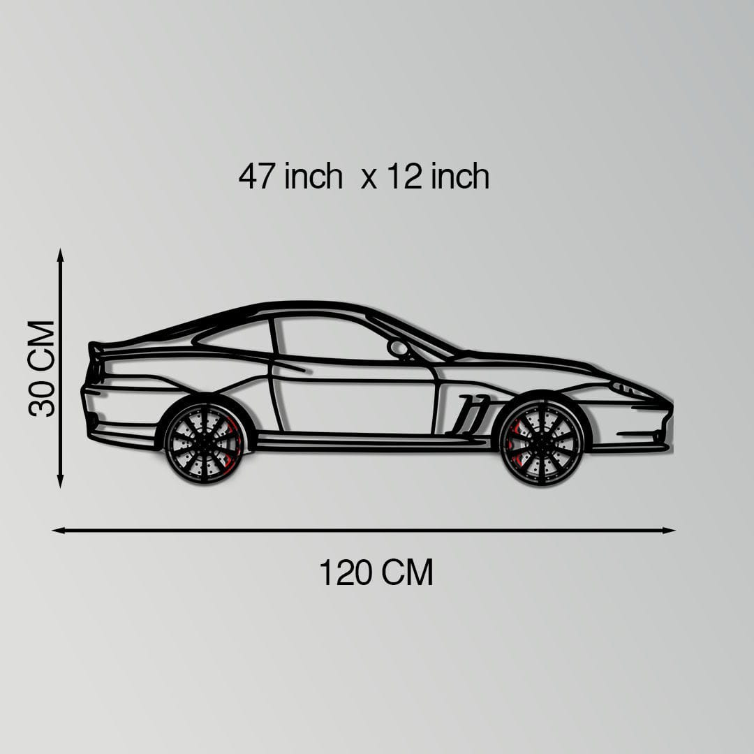 Ferrari 550 Maranello Metal Car Wall Art with Rotating Wheels - V12 Grand Tourer Silhouette - Interactive Automotive Wall Decor - KAFMEKA129