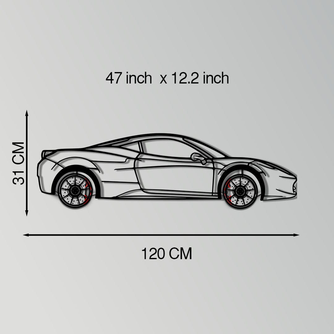 Ferrari 458 Italia Metal Car Wall Art with Rotating Wheels - V8 Supercar Silhouette Decor - Interactive Automotive Wall Art - KAFMEKA124