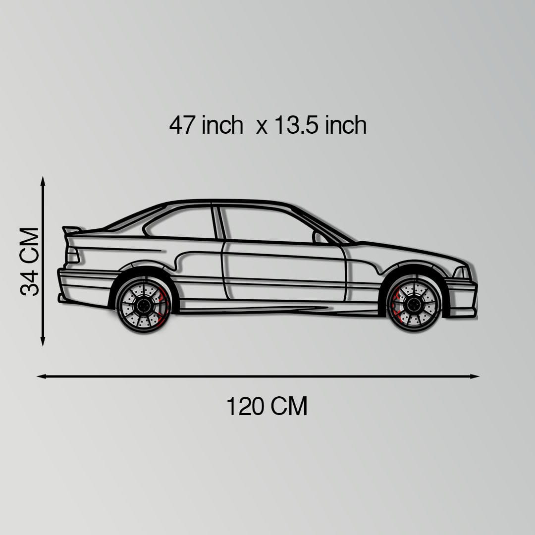 BMW E36 M3 Metal Car Wall Art with Rotating Wheels - 90s Performance Legend Silhouette - Interactive Automotive Wall Decor - KAFMEKA101