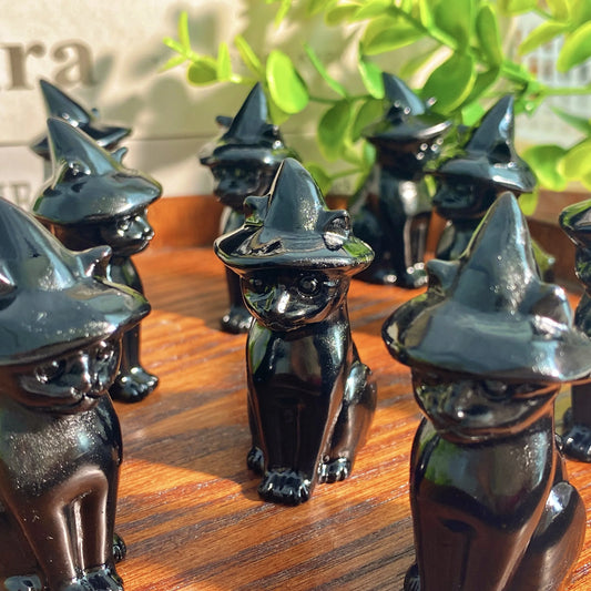 Obsidian Cat Witch Hat Statue