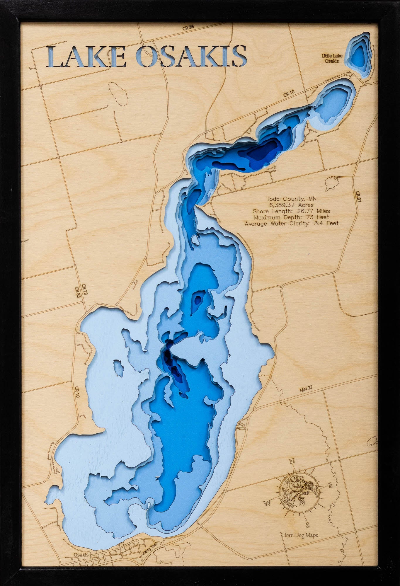 Laser Cut Maps of Lake Osakis in Todd County, Minnesota