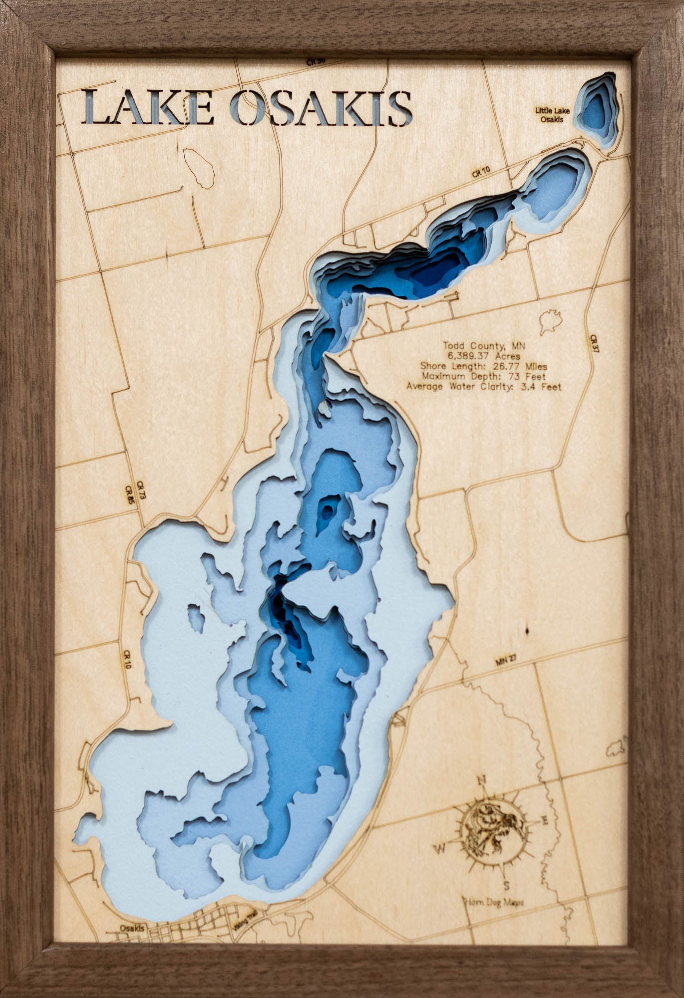 Laser Cut Maps of Lake Osakis in Todd County, Minnesota