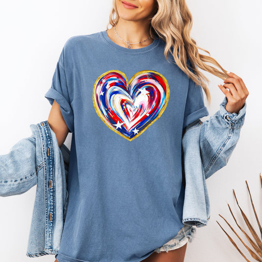 Painted Patriotic Heart USA Stars Vintage Distressed Graphic Design Comfort Colors Tee