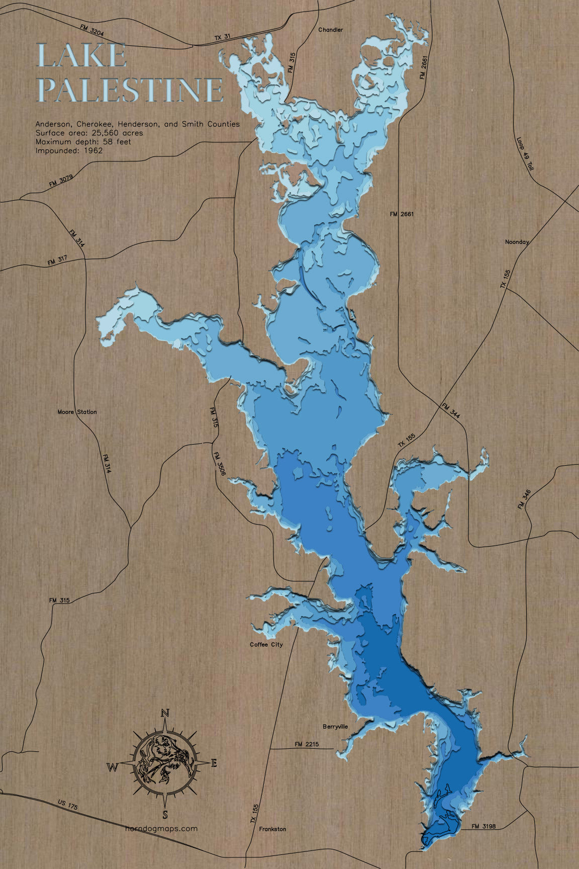 Lake Palestine in Anderson, Cherokee, Henderson, and Smith Counties, Texas