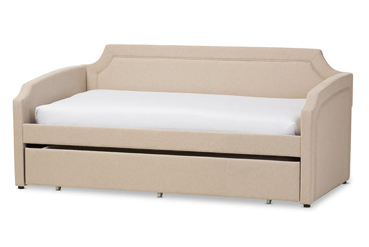 Baxton Studio Parkson Modern and Contemporary Beige Linen Fabric Curved Notched Corners Sofa Twin Daybed with Roll-Out Trundle Guest Bed
