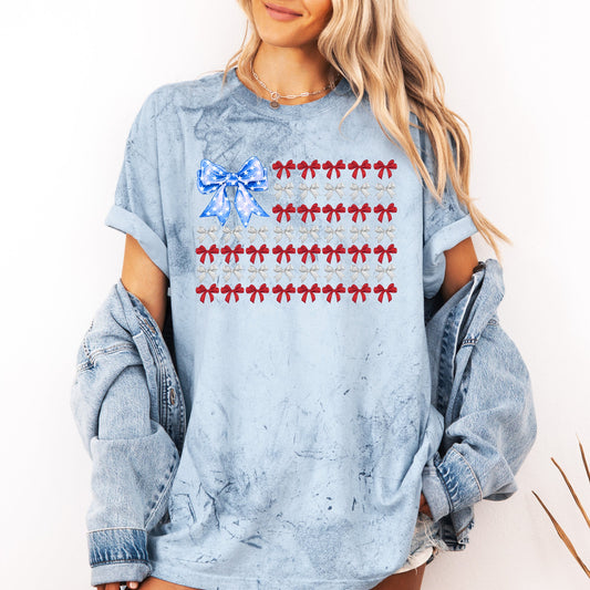 Patriotic Bows Flag USA Coquette Ribbons Color Blast America Colorful Stripes Stars Vintage Style Comfort Colors Tee