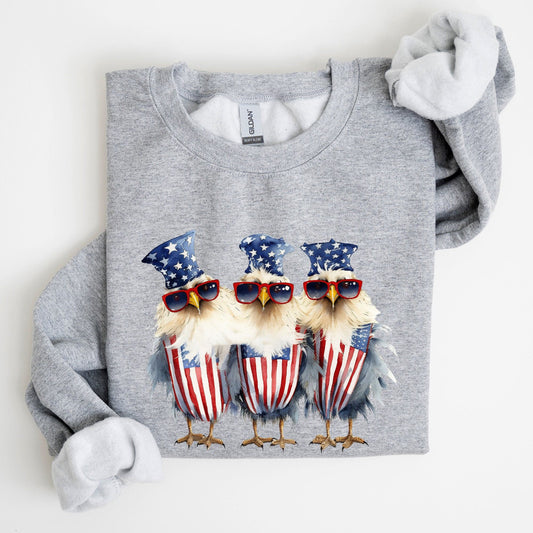 Patriotic Chickens Hippie Fourth Of July Graphic Sweatshirt With Bold Retro Design