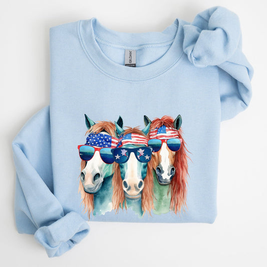 Patriotic Horses Hippie Funny 4th of July Americana Graphic Colorful Vintage Charm Sweatshirt