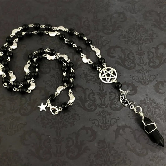 Pentacle Moon Onyx Bead Necklace