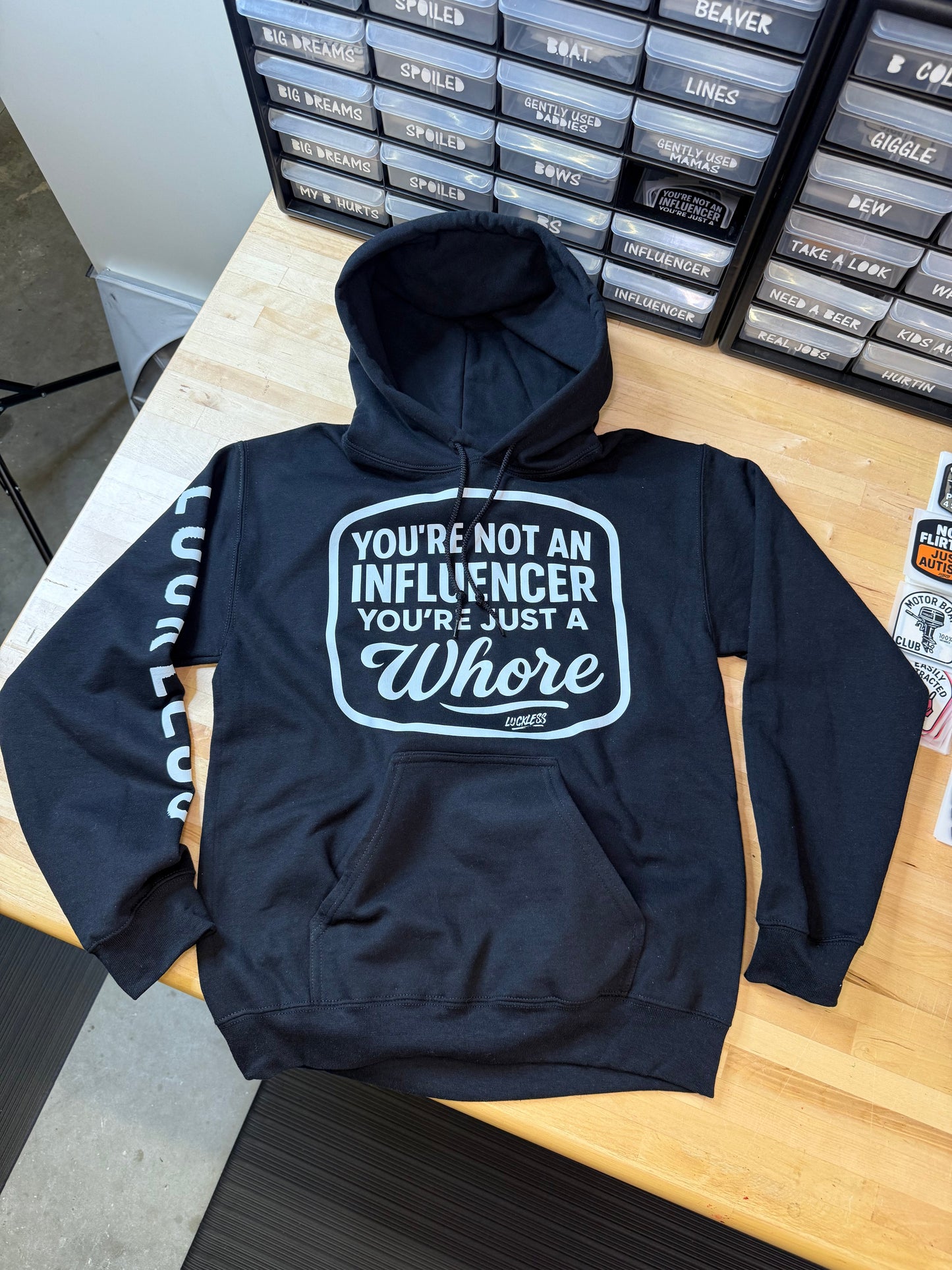 "You're Not An Influencer, You're Just A Whore" Black and Pink Statement Hoodie by Luckless Outfitters