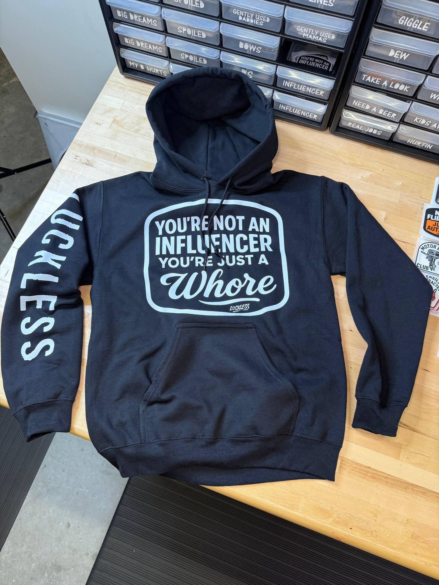 "You're Not An Influencer, You're Just A Whore" Black and Pink Statement Hoodie by Luckless Outfitters