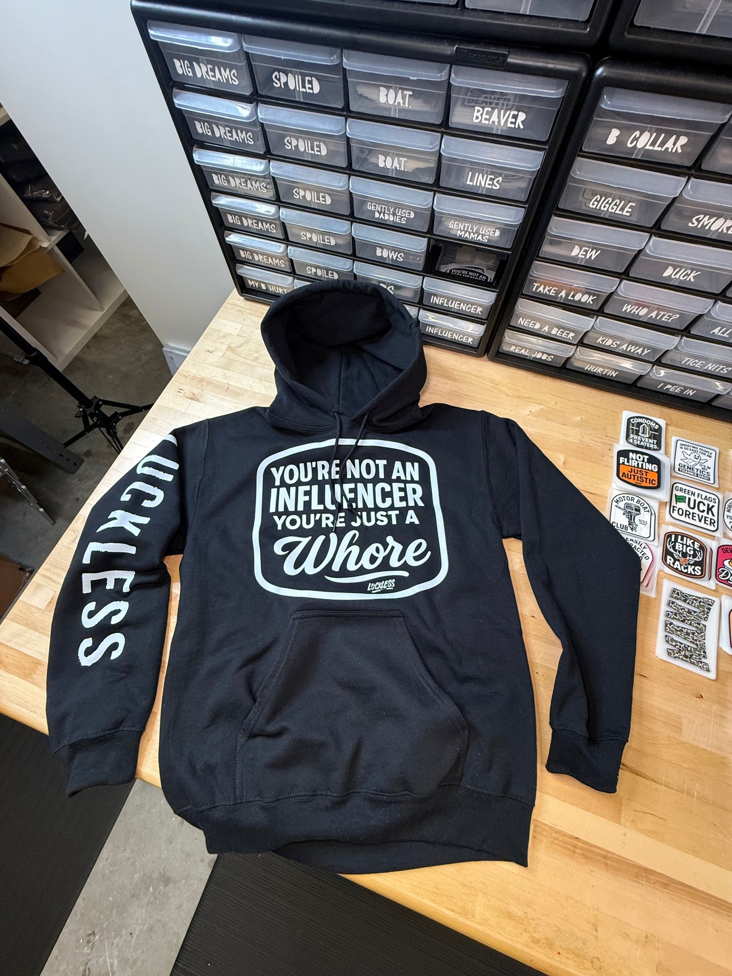 "You're Not An Influencer, You're Just A Whore" Black and Pink Statement Hoodie by Luckless Outfitters