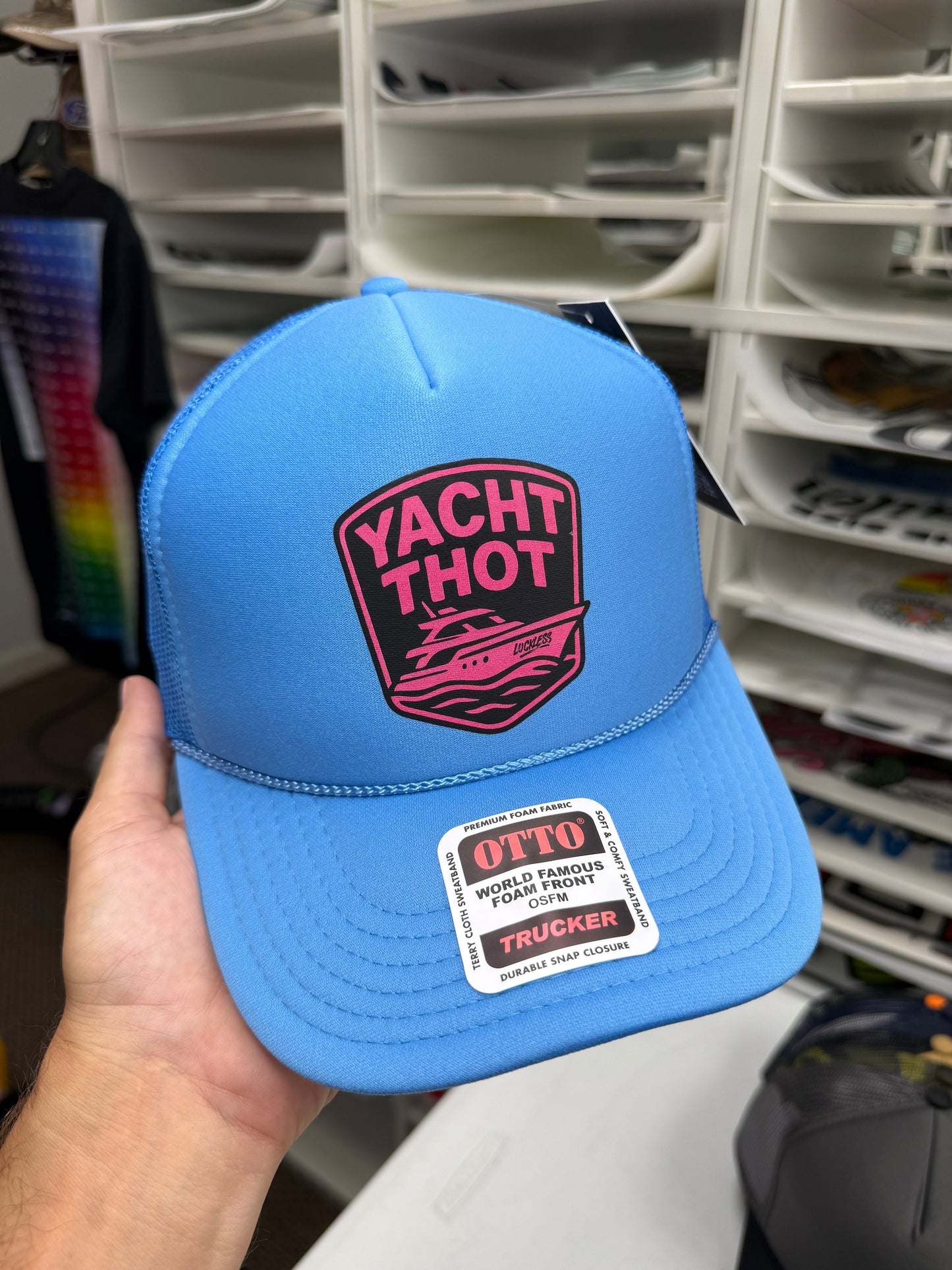 Yacht Thot Trucker Hat - Bold Foam-Front Snapback Cap with Pink and Black Design on Blue Base