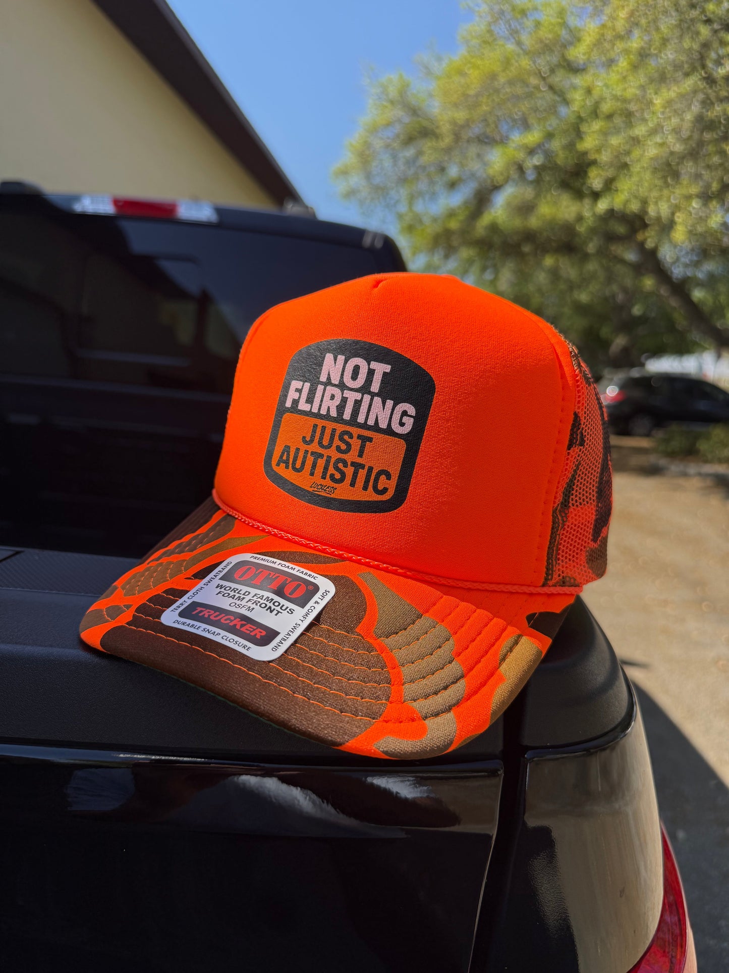 Not Flirting Just Autistic Adjustable Foam Trucker Hat by Luckless Outfitters