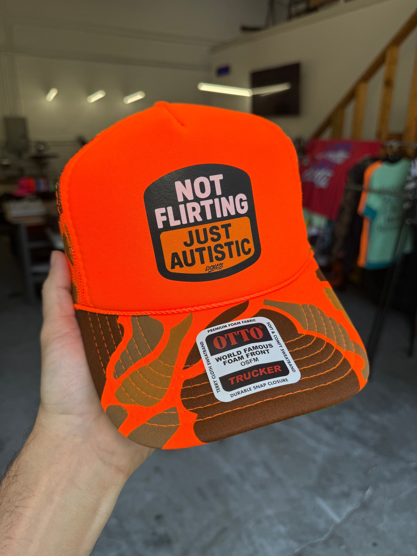 Not Flirting Just Autistic Adjustable Foam Trucker Hat by Luckless Outfitters