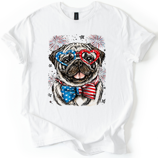 Pug Patriotic Dog USA Fourth Of July Pet Lover Soft Style All American Pup Graphic Tee