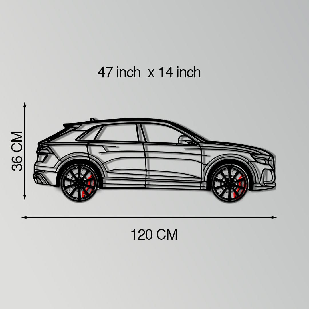 Audi Q8 Metal Car Wall Art with Rotating Wheels - Handmade Luxury SUV Silhouette Decor - Automotive Wall Art for Petrolheads - KAFMEKA095