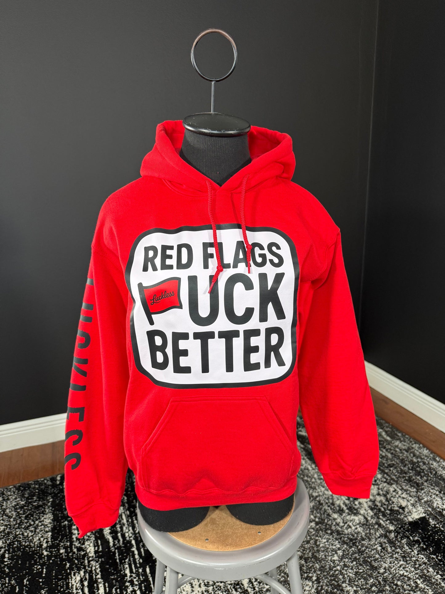 Red Flags Fuck Better Hoodie by Luckless Outfitters - Men's and Women's Funny Streetwear Pullover in Black or Bright Red with Bold Graphic Design