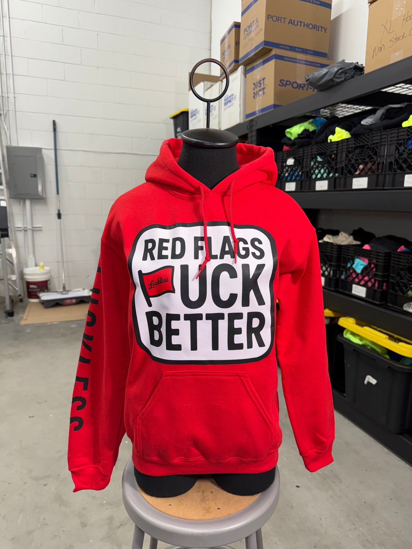 Red Flags Fuck Better Hoodie by Luckless Outfitters - Men's and Women's Funny Streetwear Pullover in Black or Bright Red with Bold Graphic Design