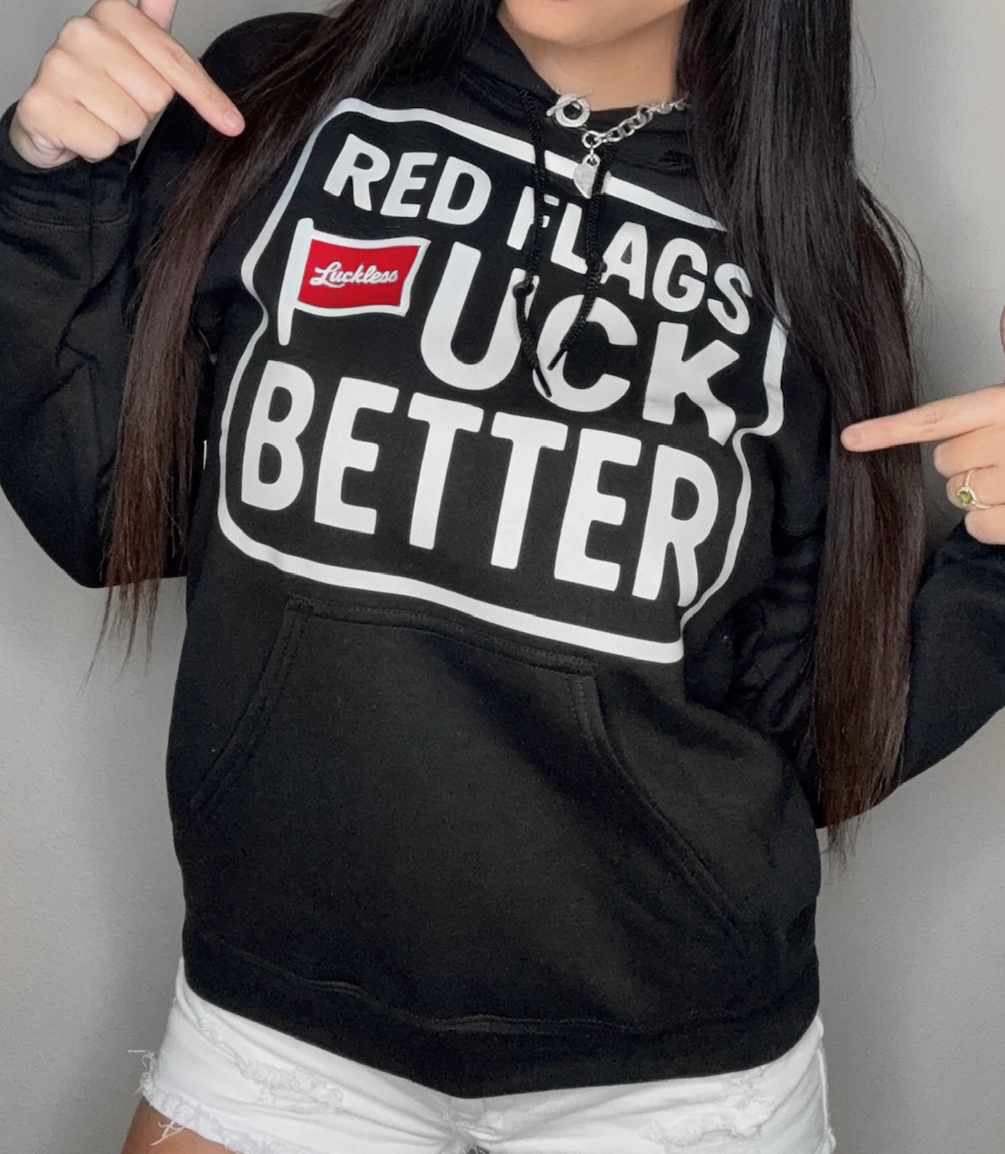 Red Flags Fuck Better Hoodie by Luckless Outfitters - Men's and Women's Funny Streetwear Pullover in Black or Bright Red with Bold Graphic Design