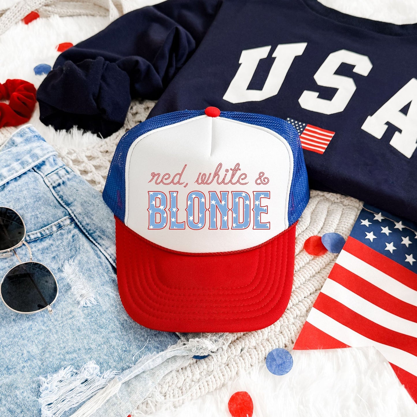 Red White And Blonde Sassy Patriotic Independence Day USA Flag Pride Edition Trucker Hat
